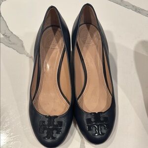 Tory Burch Navy Blue Wedge herl with Elegant Medallion